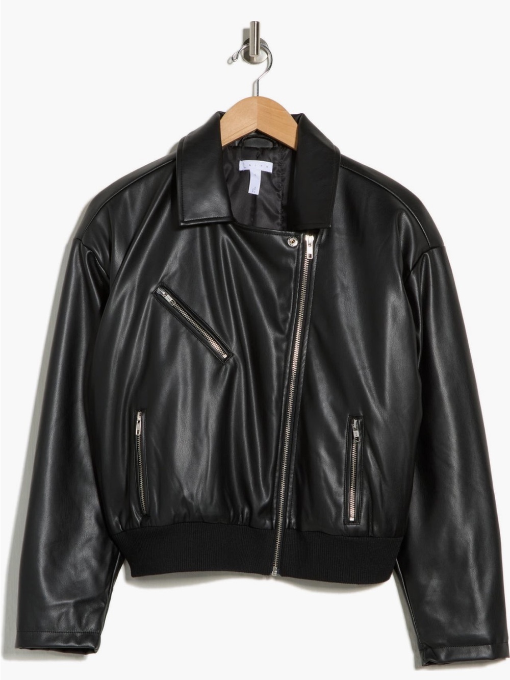 Leith Black Faux Leather Cropped Moto Bomber Jacket